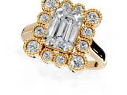 Cluster Halo Engagement Ring Setting for Emerald Cut Center with Milgrain Bezel Accents and Prong Head in Yellow Gold