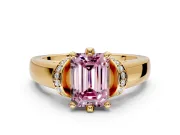 Solitaire Engagement Ring Setting for Fancy Pink Emerald Cut Center with Wide Band, Pave Collar and Prong Head in Yellow Gold