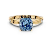Solitaire Engagement Ring Setting for Fancy Blue Cushion Cut Center with Carved Leaf Shoulders and Prong Head in Yellow Gold