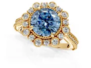 Milgrain Halo Engagement Ring Setting for Fancy Blue Round Cut Center with Bezel Point Accents and Prong Head in Yellow Gold