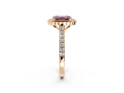 Milgrain Floral Halo Engagement Ring Setting for Fancy Pink Emerald Cut Center with Pave Band and Prong Head in Rose Gold