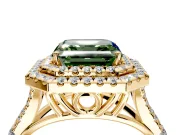 Double Halo Engagement Ring Setting for Fancy Green Asscher Cut Center with Narrow Pave Split Shank and Prong Head in Yellow Gold