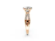 3 Stone Engagement Ring Setting for Oval Center with Pave Split Shank and Prong Head in Rose Gold