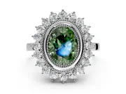 Halo Engagement Ring Setting for Fancy Green Oval Center with Milgrain Bezel Rim, Plain Band and Prong Head in White Gold