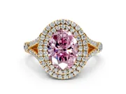 Double Halo Engagement Ring Setting for Fancy Pink Oval Center with Narrow Pave Split Shank and Prong Head in Yellow Gold