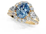 Halo Engagement Ring Setting for Fancy Blue Oval Center with Two-Strand Split Shank and Prong Head in Yellow Gold