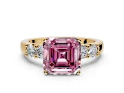 5 Stone Engagement Ring Setting for Fancy Pink Asscher Cut Center with Plain Band and Prong Head in Yellow Gold