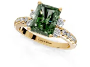 Paired Accent Engagement Ring Setting for Fancy Green Radiant Cut Center with Pave Band and Prong Head in Yellow Gold