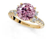 Paired Accent Engagement Ring Setting for Fancy Pink Round Cut Center with Pave Band and Prong Head in Yellow Gold