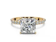 Solitaire Engagement Ring Setting for Princess Cut Center with Fine Pave Accents and Prong Head in Yellow Gold