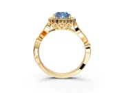 Halo Engagement Ring Setting for Fancy Blue Cushion Cut Center with Leaf Motif Split Shank and Prong Head in Yellow Gold