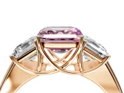 3 Stone Engagement Ring Setting for Fancy Pink Asscher Cut Center with Raised Basket Heads and Prong Head in Rose Gold