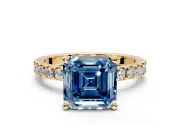Solitaire Engagement Ring Setting for Fancy Blue Asscher Cut Center with Fine Pave Band and Claw Prong Head in Yellow Gold