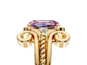 Solitaire Engagement Ring Setting for Fancy Pink Emerald Cut Center with Twisted Band and Scroll Prong Head in Yellow Gold