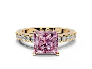 Solitaire Engagement Ring Setting for Fancy Pink Princess Cut Center with Single Row Accent Band and Prong Head in Yellow Gold