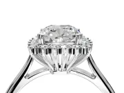 Starburst Halo Engagement Ring Setting for Cushion Cut Center with Thin Round-Wire Band and Prong Head in Platinum