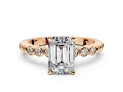 Solitaire Engagement Ring Setting for Emerald Cut Center with Bezel-Dot Beaded Band and Prong Head in Rose Gold
