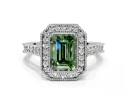 Halo Engagement Ring Setting for Fancy Green Emerald Cut Center with Milgrain Pave Band and Bezel Head in Sterling Silver