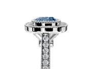 Halo Engagement Ring Setting for Fancy Blue Cushion Cut Center with Milgrain Frame, Pave Band and Prong Head in Platinum
