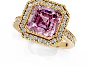 Halo Engagement Ring Setting for Fancy Pink Asscher Cut Center with Milgrain Halo, Pave Band and Prong Head in Yellow Gold