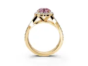 Halo Engagement Ring Setting for Fancy Pink Round Cut Center with Narrow Pave Split Shank and Prong Head in Yellow Gold