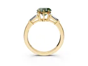 3 Stone Engagement Ring Setting for Fancy Green Heart-Shaped Center with Baguette Accents and Prong Head in Yellow Gold