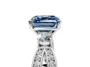 3 Stone Engagement Ring Setting for Fancy Blue Asscher Cut Center with Pave Twist Band and Prong Head in Platinum