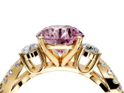3 Stone Engagement Ring Setting for Fancy Pink Round Cut Center with Pave Split Shank and Prong Head in Yellow Gold