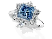 Small-Accent Cluster Halo Engagement Ring Setting for Fancy Blue Princess Cut Center with Plain Band and Prong Head in Platinum