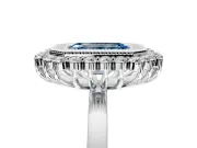 Halo Engagement Ring Setting for Fancy Blue Emerald Cut Center with Milgrain Bezel Rim, Plain Band and Prong Head in White Gold