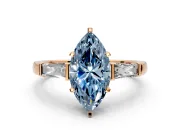 3 Stone Engagement Ring Setting for Fancy Blue Marquise Center with Tapered Baguettes, Plain Band and Prong Head in Rose Gold
