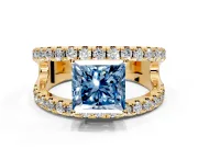 Solitaire Engagement Ring Setting for Fancy Blue Princess Cut Center with Wide-Open Split Shank and Prong Head in Yellow Gold