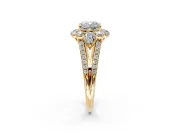 Halo Engagement Ring Setting for Cushion Cut Center with Two-Strand Split Shank and Prong Head in Yellow Gold