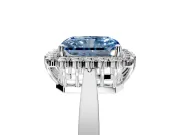 Starburst Halo Engagement Ring Setting for Fancy Blue Radiant Cut Center with Flat Cathedral Band and Prong Head in Platinum