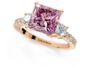3 Stone Engagement Ring Setting for Fancy Pink Princess Cut Center with Round Cut Side Accents and Prong Head in Rose Gold