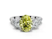 3 Stone Engagement Ring Setting for Fancy Yellow Oval Center with Crossover Basket, Pave Band and Prong Head in Platinum