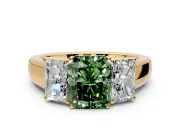 3 Stone Engagement Ring Setting for Fancy Green Radiant Cut Center with Raised Basket Heads and Prong Head in Yellow Gold