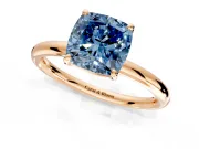 Low-Set Solitaire Engagement Ring Setting for Fancy Blue Cushion Cut Center with Thin Plain Band and Prong Head in Rose Gold