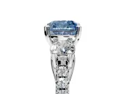 3 Stone Engagement Ring Setting for Fancy Blue Cushion Cut Center with Crossover Basket, Pave Band and Prong Head in White Gold