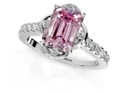 Floral Engagement Ring Setting for Fancy Pink Emerald Cut Center with Pave Band and Floral Prong Head in Platinum