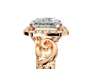 Halo Engagement Ring Setting for Radiant Cut Center with Open Scroll Shoulders and Prong Head in Rose Gold