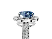 Milgrain Halo Engagement Ring Setting for Fancy Blue Round Cut Center with Three-Sided Pave Band and Prong Head in Sterling Silver