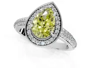 Milgrain Halo Engagement Ring Setting for Fancy Yellow Pear-Shaped Center with Three-Sided Pave Band and Prong Head in Platinum
