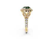 Double Halo Engagement Ring Setting for Fancy Green Round Cut Center with Narrow Pave Split Shank and Prong Head in Yellow Gold
