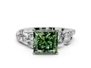 Leaf Motif Engagement Ring Setting for Fancy Green Princess Cut Center with Pave Band and Prong Head in Platinum