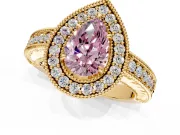 Milgrain Halo Engagement Ring Setting for Fancy Pink Pear-Shaped Center with Pave Band and Prong Head in Yellow Gold