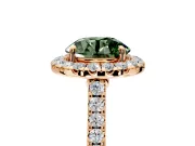 Halo Engagement Ring Setting for Fancy Green Round Cut Center with Narrowing Pave Band and Prong Head in Rose Gold