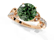 Leaf Motif Engagement Ring Setting for Fancy Green Round Cut Center with Pave Band and Prong Head in Rose Gold