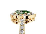 Halo Engagement Ring Setting for Fancy Green Pear-Shaped Center with Heart-Shaped Openwork, Pave Band and Prong Head in Yellow Gold