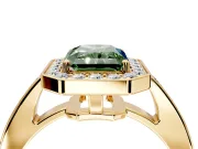 Bezel-Framed Halo Engagement Ring Setting for Fancy Green Radiant Cut Center with Pave Band and Prong Head in Yellow Gold